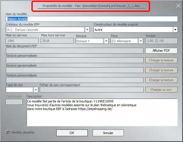 Chemin_Titre Plugin 2 EEP17, chemin du fichier fenêtre propriétés modèle 3D
